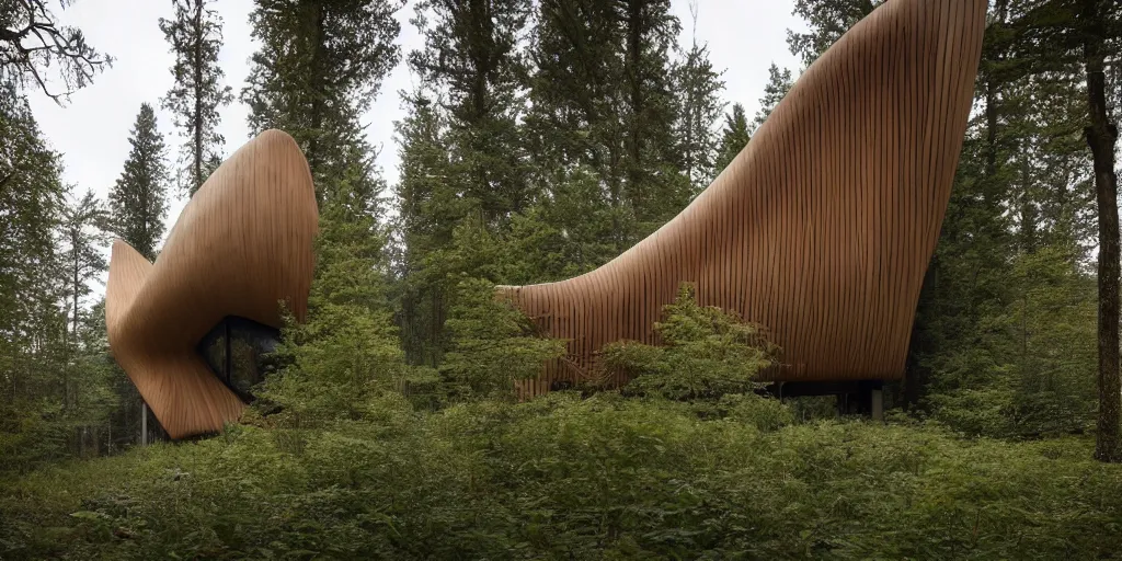 Image similar to wooden cabin designed by zaha hadid in an ominous forest, architectural photography