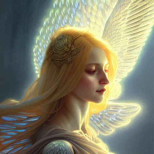 Image similar to Winged girl angel covered in eyes with blonde hair and glowing halo, iridescent, seraphim, fantasy, intricate, elegant, highly detailed, digital painting, artstation, concept art, smooth, sharp focus, illustration, art by Krenz Cushart and Artem Demura and alphonse mucha