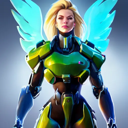 Image similar to a screenshot of arnold schwarzenegger as mercy in overwatch, angel wings, halo, portrait, fantasy, beautiful face, vivid colors, elegant, concept art, sharp focus, digital art, hyper - realistic, 4 k, unreal engine, highly detailed, hd, dramatic lighting by brom, trending on artstation