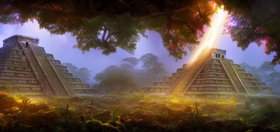 Prompt: dramatic view of an overgrown ruined ancient mayan temple, vivid trees with winding branches, glowing colored fog, haze, unreal engine, dramatic lighting, detailed, ambient occlusion, global illumination, god rays, 3 d artstation render by noah bradley and jordan grimmer