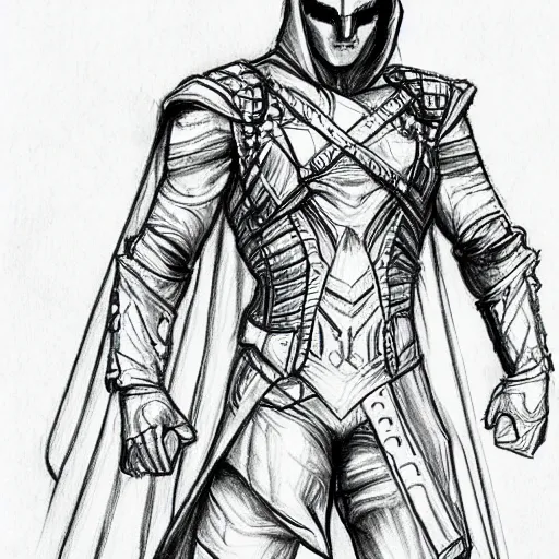 Prompt: a highly detailed sketch drawing of a man wearing a epic shadow hero costume