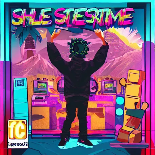 Prompt: rhyme storm, freestyle rapping rhythm game, videogame cover art, professional artist, vaporwave, detailed, 4k
