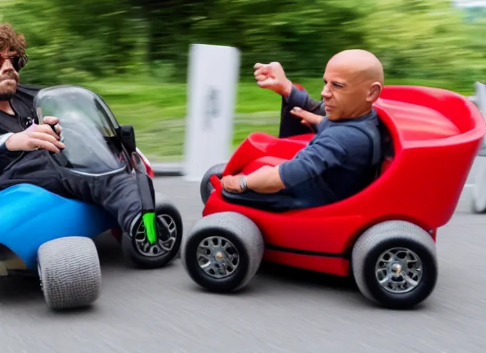 Image similar to peter dinklage racing vin diesel driving a little tikes cozy coupe cars, movie still, from the new fast and furious movie, 8 k, realistic