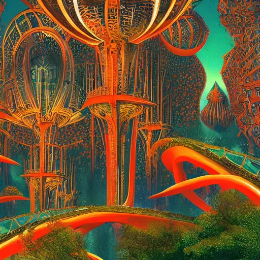 Prompt: Cosmic City Pillars, Domes, Towers, Archways Forest, Plants, Trees, Leaves, Vines, Overgrown Phoenixes Perched 8k resolution Behance HD trending on Artstation matte background matte painting maximalist detailed painting Orange. Red. Gold. Teal. Turquoise. Michael Whelan John Berkey