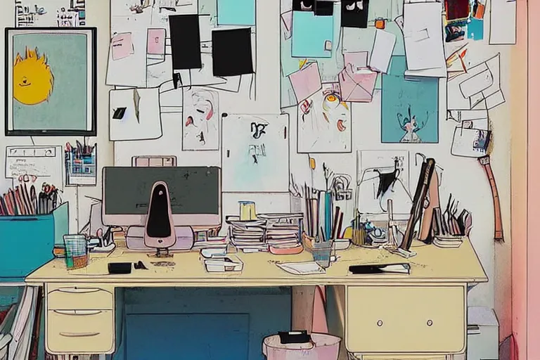 Prompt: messy office, style of studio ghibli + moebius + basquiat, cute, clean lines