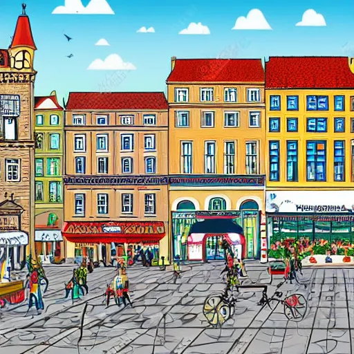 Prompt: detailed wimmelbilder cartoon image of a city square with shops and cars and bicycles and stands