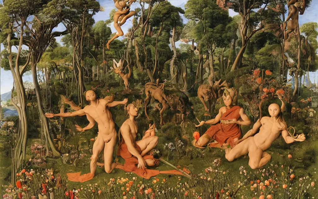 Image similar to a portrait photograph of a meditating satyr and a centaur monk riding a rocket machine and hunting at a river delta. surrounded by bulbous flowers and trees. mountain range under a blue sky of fiery stars. by jan van eyck, max ernst, ernst haeckel, ernst fuchs and artgerm, cgsociety, fashion editorial, 8 k