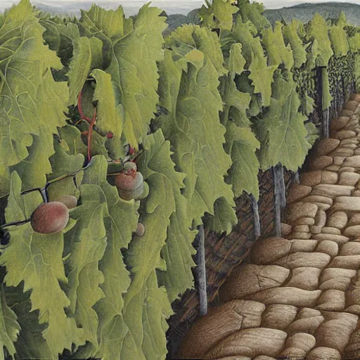 Prompt: Hyperrealism traditional austian vineyard work, painting by MC Escher