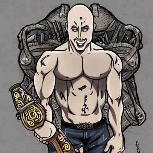 Image similar to muscular bald man, tattooed body, sword in hands, HD, anime style,