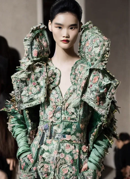 Image similar to A beautiful portrait of Ming Xi as a model at Valentino fashion show Milan Spring/Summer 2018, highly detailed, in the style of cinematic, Getty images, fashion week backstage, makeup by Pat Mcgrath, shot by Greg rutkowski