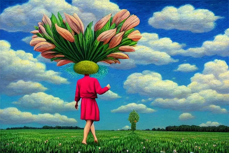 Prompt: giant flower head, a woman walking, surreal, clouds in sky, impressionist painting, digital painting, artstation, rob gonsalves