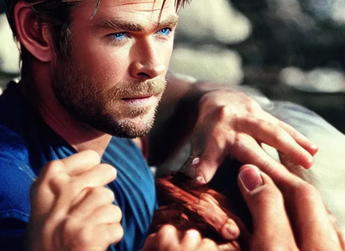 Image similar to movie still close-up portrait of Chris Hemsworth shaling hand with Chris Hemsworth, by David Bailey, Cinestill 800t 50mm eastmancolor, heavy grainy picture, very detailed, high quality, 4k, HD criterion, precise texture and facial expression