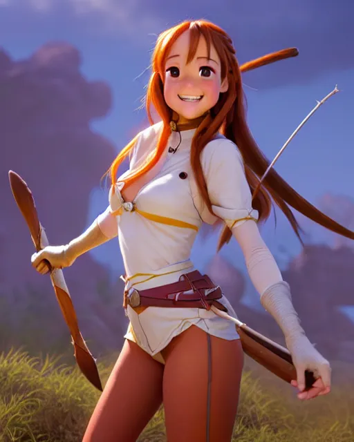 Prompt: weta disney pixar movie still pinup photo of asuna from sao : : as sunburnt cowgirl village woman by pixar : : by weta, greg rutkowski, wlop, ilya kuvshinov, rossdraws, artgerm, marvel, maxim cover, latex, octane render, sweaty, iridescent, bright morning, anime, liosh, mucha : :