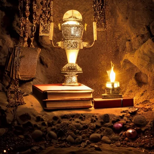 Prompt: epic vintage Photo of an ancient dark byzantine cave interior, ornate oil lamp on a pile of crystals, books covered in jewels, ornate, surrounded by strange crystals and treasure, full of sand and glitter, Indiana Jones, Tomb Raider, trending on artstation, cinematic, jewels, 35mm lens