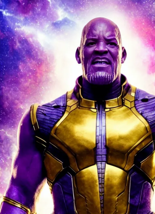 Image similar to film still of Will Smith as Thanos in Avengers Endgame, 4k