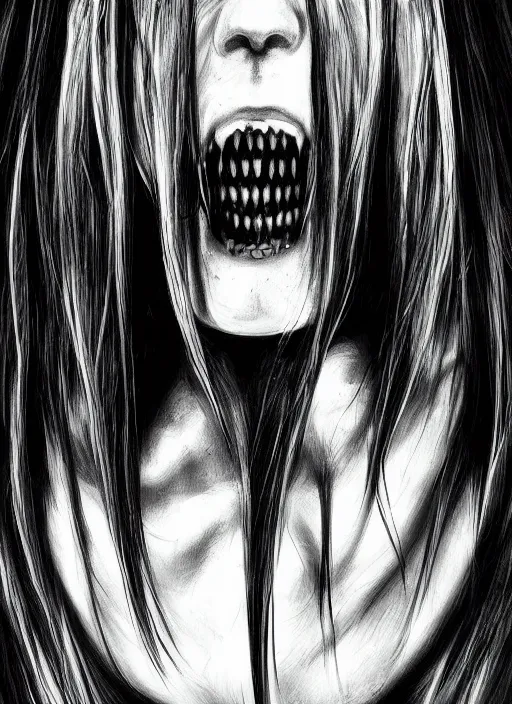 Image similar to digital _ painting _ of _ the grudge horror black and white _ by _ filipe _ pagliuso _ and _ justin _ gerard _ symmetric _ fantasy _ highly _ detailed _ realistic _ intricate _ port