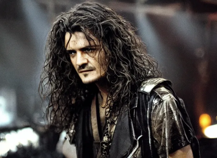 Image similar to promotional image of orlando bloom in a heavy metal band in a movie from 1978, rugged black clothes, detailed face, movie still frame, promotional image, imax 70 mm footage