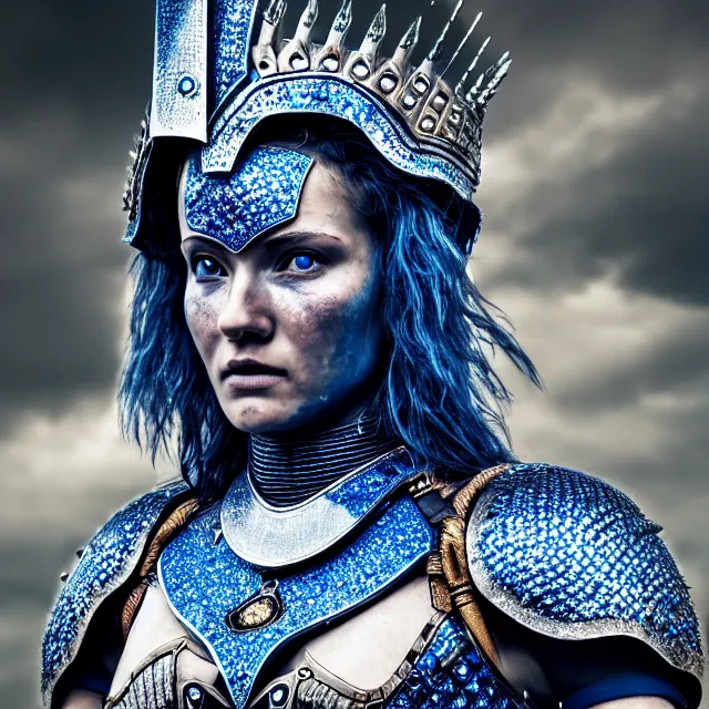 Image similar to photo of a beautiful warrior queen wearing sapphire encrusted armour, highly detailed, 8 k, hdr, smooth, sharp focus, high resolution, award - winning photo