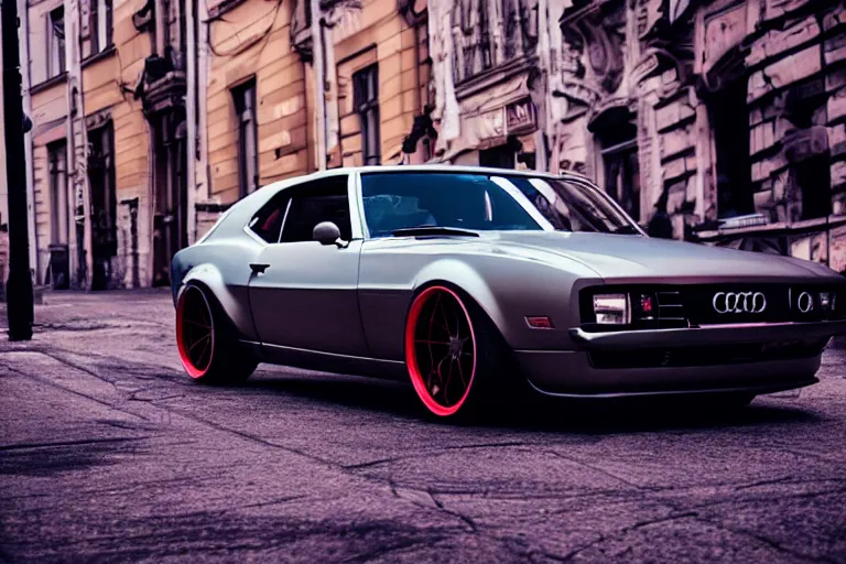 Image similar to widebody audi camaro b 1 ( 1 9 6 9 ) drifting, need for speed : carbon, at night, neon lines, lviv historic centre, phonk music background, smoke behind wheels, noise, dark, establishing shot