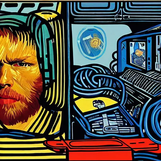 Image similar to Illustrated by Shepard Fairey and Greg Rutkpwski | Cyberpunk Van Gogh with VR helmet, surrounded by cables