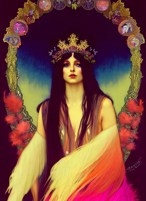 Image similar to ombre velvet gown, feathers, vivid colors, lovely dark autumn princess, portrait, long hair, tiara, jeweled choker, by alphonse mucha, brom, greg rutkowski, anato finnstark