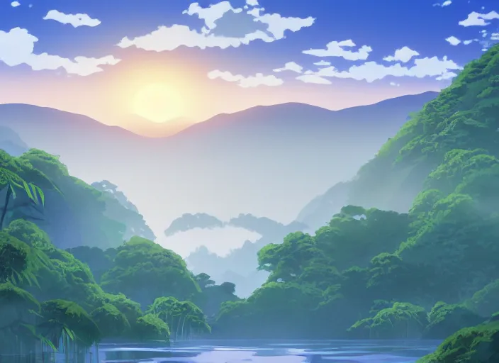 Image similar to misty japanese bamboo forest, lake, large mountain, waterfall!!!!!, sunny, cartoony, stylized anime, sun rays, soft, moody lighting, by hayao miyazaki, ghibli studio, makoto shinkai, toei animation, studio trigger, trending on artstation, 4 k, hd