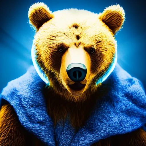 Image similar to portrait photo of bear as a jedi, blue and yellow lighting, dark, cinematic, high quality, 4 k