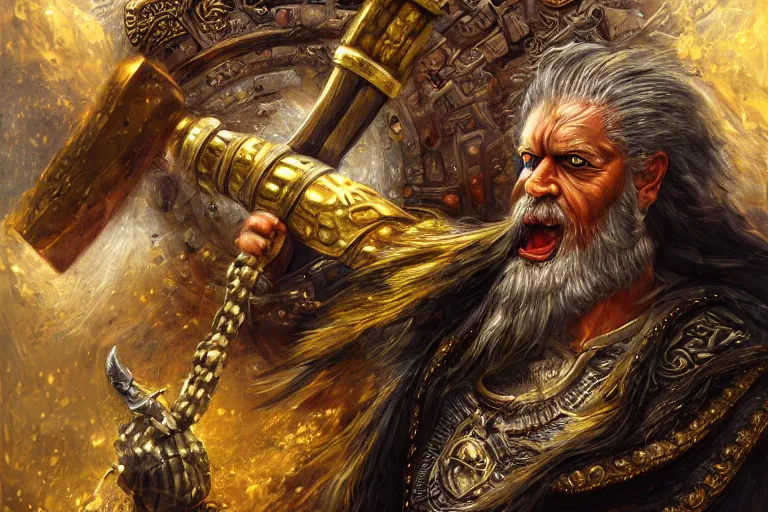 Prompt: mythological angry odin all father supreme God of thunder and smithing and artificial intelligence creating an artificial neural network with gold synapses on an anvil with his mighty hammer, high resolution, award winning art, trending on art station, sharp image, incredibly detailed, detailed character, realistic painting, hyperrealistic painting