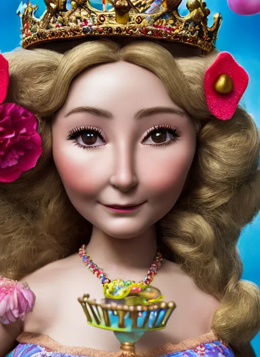 Image similar to closeup face profile portrait of tin toy felicity kendal as a fairytale princess wearing a crown eating cakes, bikini, depth of field, zeiss lens, detailed, symmetrical, centered, fashion photoshoot, by nicoletta ceccoli, mark ryden, lostfish, breathtaking, 8 k resolution, extremely detailed, beautiful, establishing shot, artistic, hyperrealistic, octane render