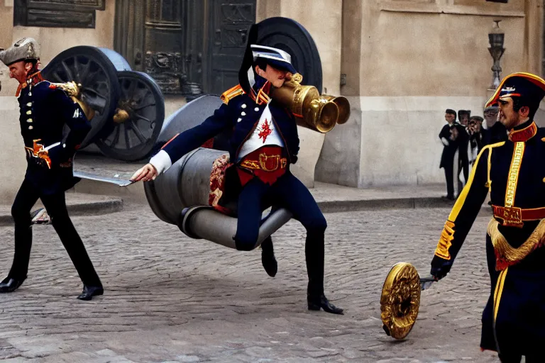 Prompt: portrait of emmanuel macron dressed as napoleon dragging a cannon in the street, natural light, sharp, detailed face, magazine, press, photo, steve mccurry, david lazar, canon, nikon, focus