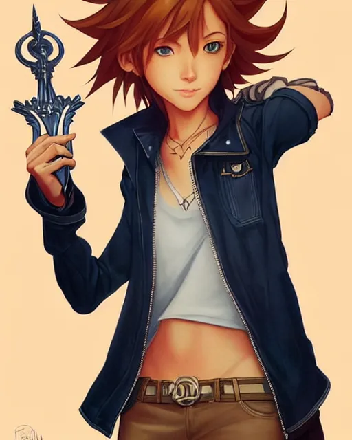 Image similar to loish, artgerm, joshua middleton art, rafeal albuquerque, pretty sora from kingdom hearts holding the artemis keyblade, realistic hands, sarcastic smile, symmetrical eyes, symmetrical face, jean jacket, jeans, short hair, middle shot, night time, deep blacks