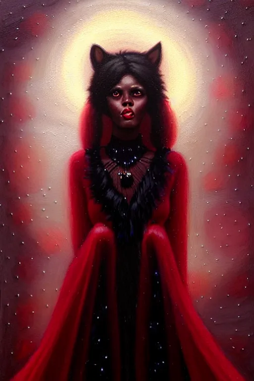 Image similar to Nocturne, glowing, stars, a portrait of black furry shadow monster hybrid woman, highly detailed, mysterious, ethereal, dressed in red velvet, haute couture, illustration, dramatic lighting, soft details, painting, by Edmund Blair Leighton, Brom, Charlie Bowater, trending on artstation, faces by Tom Bagshaw, otto schmidt