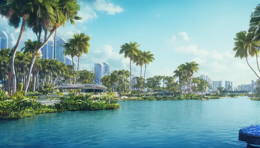 Image similar to concept city art of an artificial lake surrounded by palm trees and small blues domes in miami, sunny day, hyperdetailed, artstation, cgsociety, 8 k