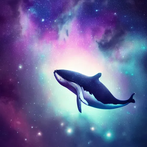 Prompt: portrait of whale swimming on a dark night sky, swimming across the universe, nebulae, purple and blue, galaxies, oniric, dreamy, beautiful, highly detailed, cinematic, dynamic composition, trending on artstation