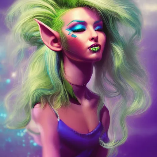 Image similar to Glam hair, 80s hair, Elf girl with blue skin, alien skin, blue elf, blue, blue-skinned elf, green hair, hairspray, big hair, wild hair, glam make-up, 80s, illustration, fantasy art, trending on ArtStation, 1980s fantasy art