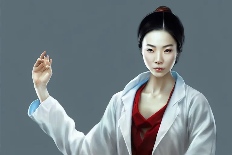 Image similar to an elegant and beautiful chinese female doctor in a white coat in a hospital ward, cinematic, highly detailed, digital painting, artstation, concept art, matte, sharp focus, illustration, art by artgerm and greg rutkowski