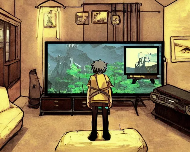 Image similar to beautiful art by studio ghibli of my friend mark kidd playing fallout new vegas on the xbox 3 6 0 in his dark living room. he is illuminated by the glow of the tv. cinematic composition, anime.