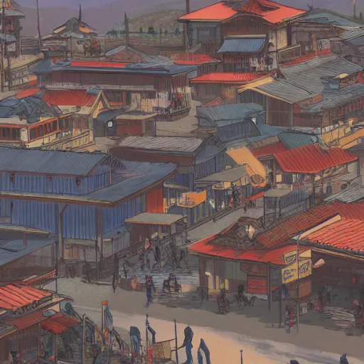 Prompt: Sprawling view of american Western Cowboy Town with Edo Period Japan design; trending on Artstation