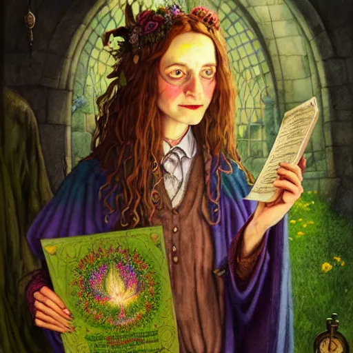 Image similar to Portrait of Magrat Garlick as a kind, hippie, Herbology professor in Hogwarts School of Witchcraft and Wizardry, detailed, hyperrealistic, colorful, cinematic lighting, digital art by Paul Kidby