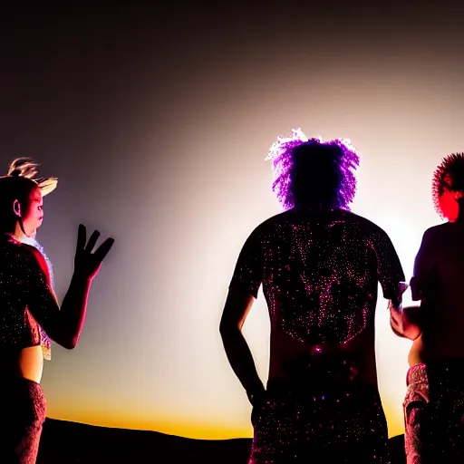 Image similar to portrait of three ravers photographed from behind, talking around a fire, photorealistic, dancefloor kismet, diverse costumes, clean composition, desert transition area, bonfire, night, australian desert, xf iq 4, symmetry, sony a 7 r, 1 5 0 mp, 5 0 mm