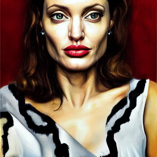 Image similar to high quality high detail painting by lucian freud, hd, angelina jolie portrait, dramatic lighting