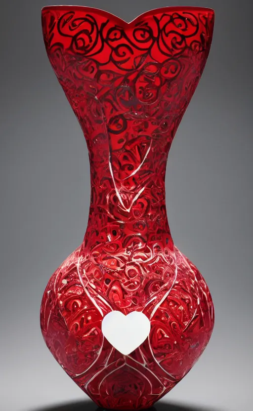 Image similar to a vase in the shape of a heart with red accents designed by versace, with some flowers