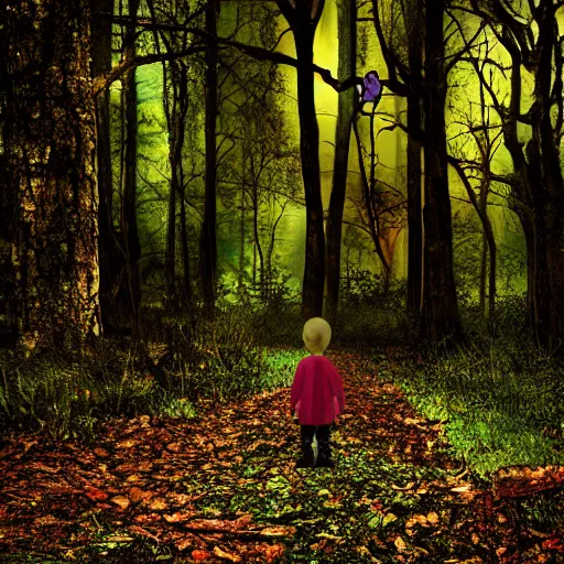 Prompt: lost child in woods, spooky, cel shaded, glossy