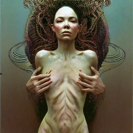 Image similar to bjork by zdzisław beksinski, iris van herpen, raymond swanland and alphonse mucha. highly detailed, hyper - real, beautiful