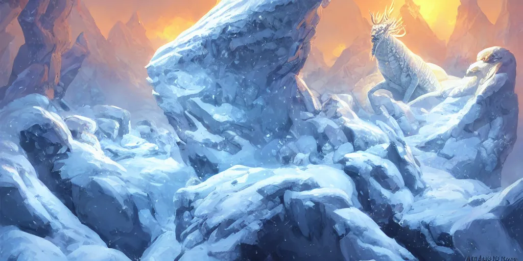 Image similar to an ice dragon resting on a beautiful snow-covered mountain, rocky overhangs, ice formations, fantasy digital painting by Andreas Rocha