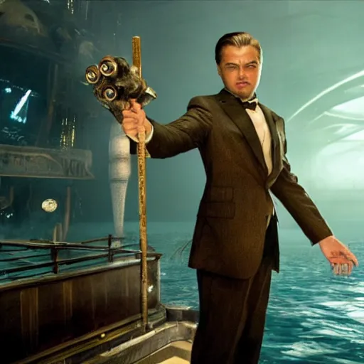 Image similar to cinematic photo of andrew ryan, portrayed by leonardo dicaprio, in a new live - action bioshock movie. the underwater city of rapture is seen shining in the background