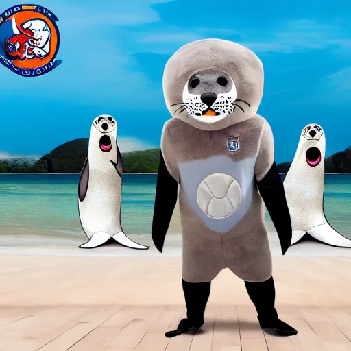 Image similar to sports team mascot, seal mascot costume, seals, the leopard seals, football mascot, anthropomorphic seal or sealion HD official photo, high quality costume, detailed fur, detailed material, NFL