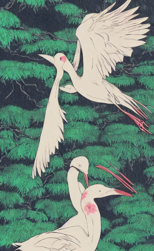 Prompt: matte, girl next to a japanese crane bird in japanese pines, trading card front, kimono, realistic anatomy, concept art, by studio ghibli, miyakazi, sun in the background