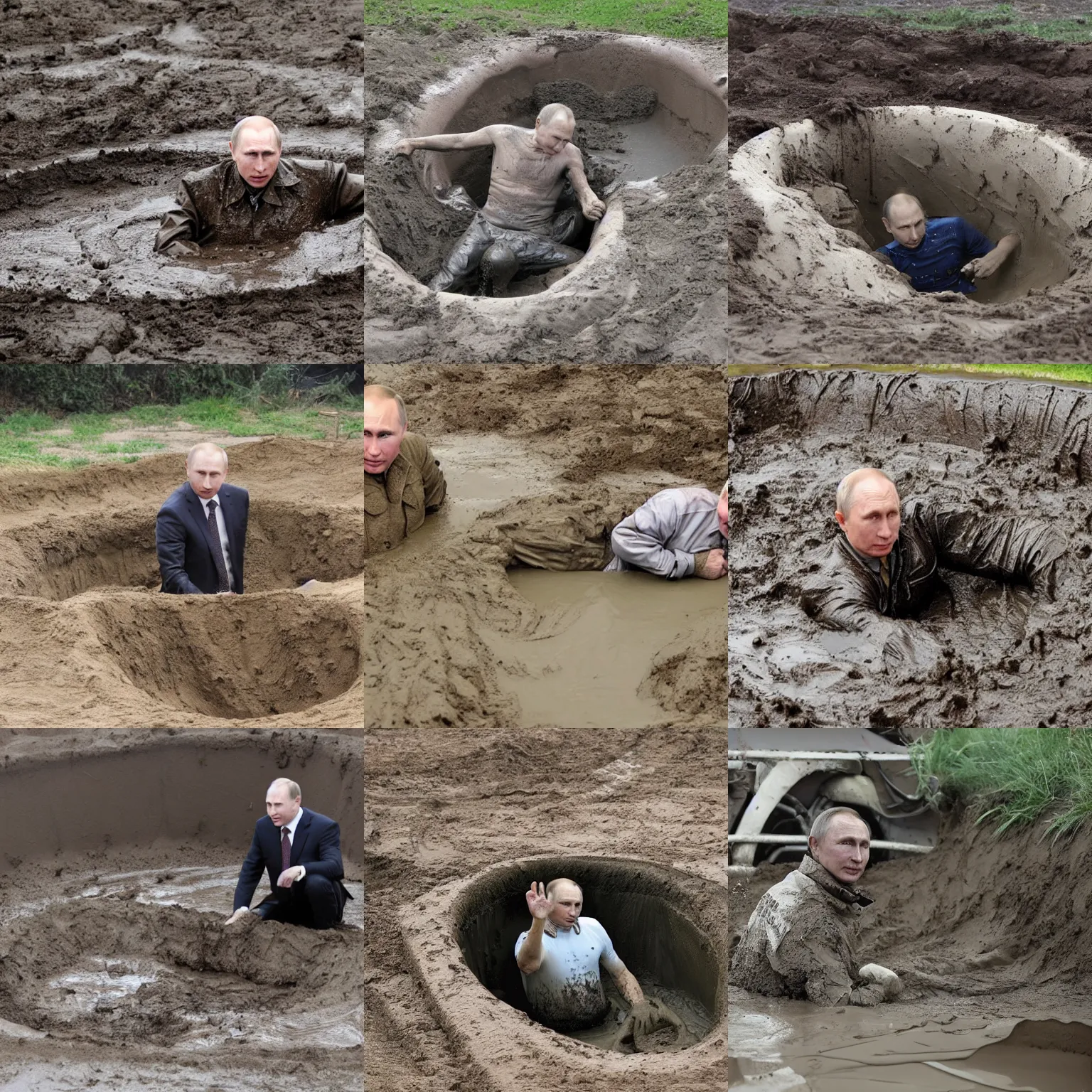 Prompt: putin in mud bunker