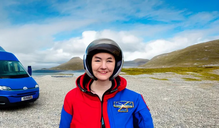 Prompt: astronaut tourist wearing blue space suit, standing in the Isle of Harris, Scotland, a futuristic metallic campervan in the background, wide angle lens, photorealistic